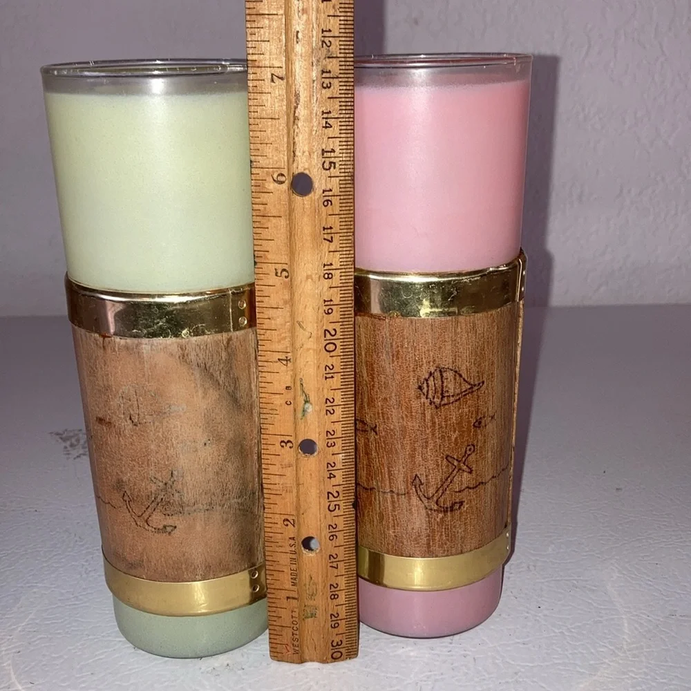 Libbey Palm Royale Tall MCM Frosted Glasses W/ Wood Tiki Bands Gold Pink Green